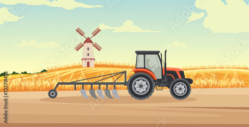 wheat field view with harvester tractor, mill house and beautiful sky. agricultural vector