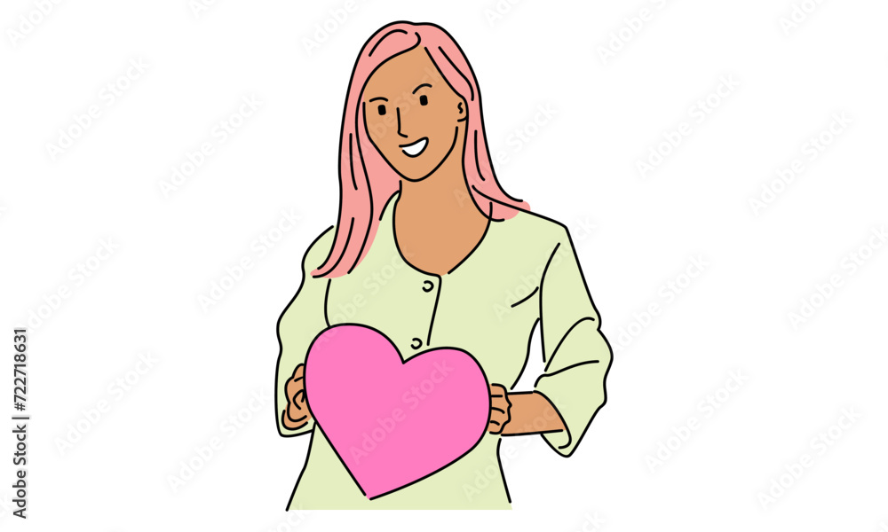 line art color of woman hugging heart shaped object vector illustration line art color of woman hugging heart shaped object vector illustration