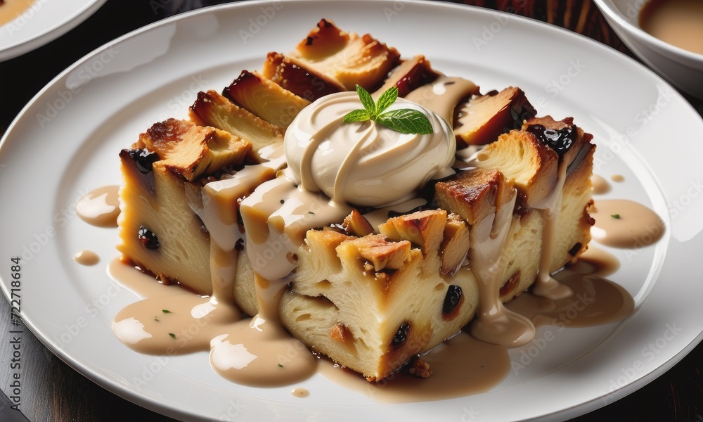 a top-down view of a beautifully plated slice of bread pudding