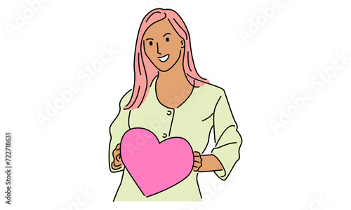 line art color of woman hugging heart shaped object vector illustration