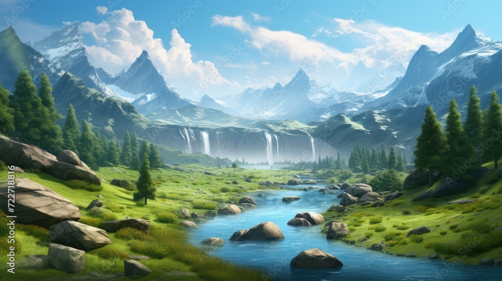 Fantastic mountain landscape with a river. Generative AI Fantastic mountain landscape with a river. Generative AI