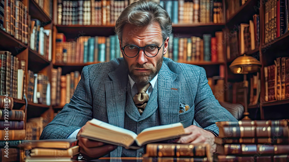 Portrait of an old man judge or lawyer in the library. Law and justice concept Portrait of an old man judge or lawyer in the library. Law and justice concept