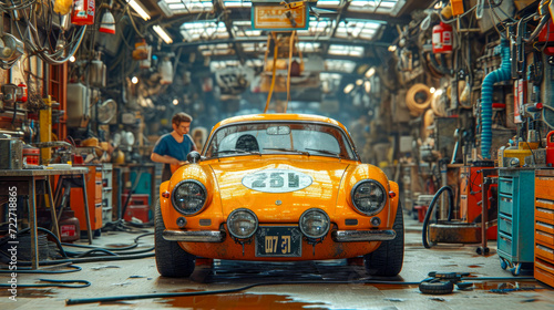 classic car in a garage with reflections, car service and repair