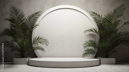 Empty stage with palm trees and podium on a white oval. 