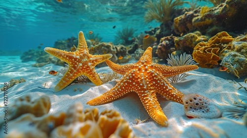  a close up of two starfishs on a sandy ocean floor with corals and other marine life in the background.