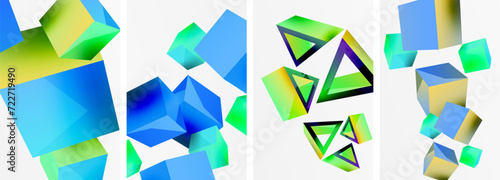 Flying 3d shapes, cubes and other geometric elements background design for wallpaper, business card, cover, poster, banner, brochure, header, website