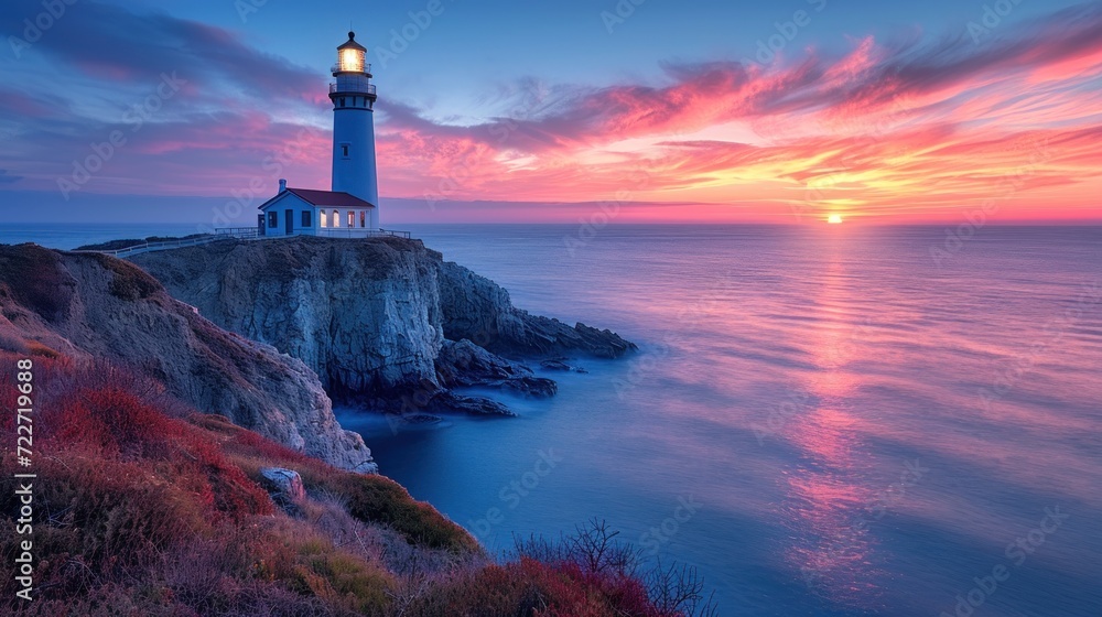  a light house sitting on top of a cliff next to a body of water at sunset with the sun in the distance.