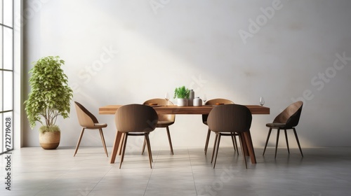 Interior design of stylish dining room interior with family wooden table, modern chairs, plate with nuts, salt and pepper shakers. Concrete floor. White wall. Template