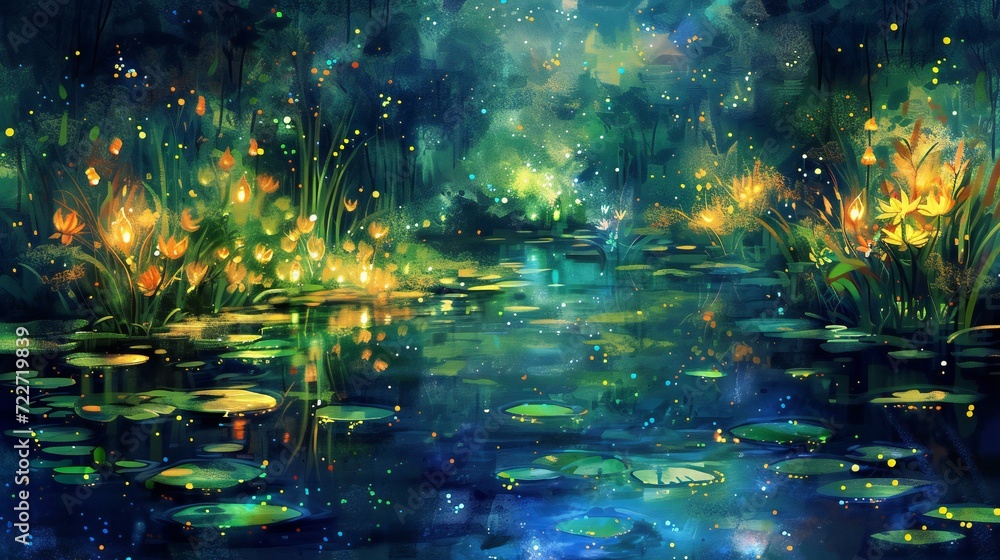 a painting of a pond with lily pads