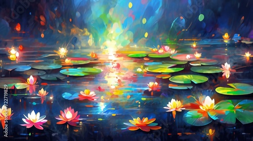 a painting of a pond with lily pads photo