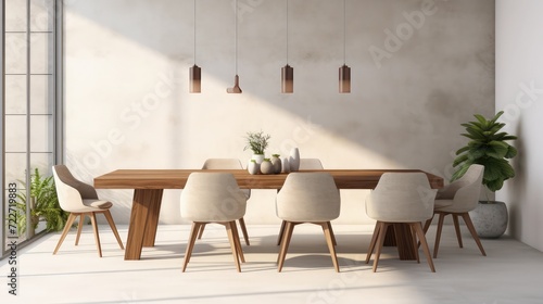 Interior design of stylish dining room interior with family wooden table  modern chairs  plate with nuts  salt and pepper shakers. Concrete floor. White wall. Template