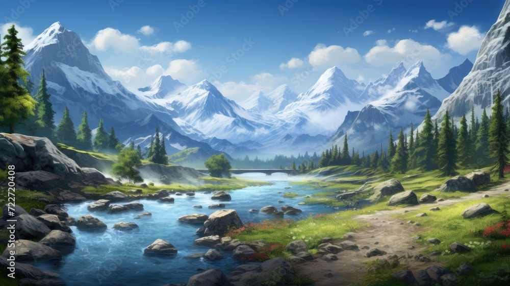 Fototapeta premium Fantastic mountain landscape with a river. Generative AI
