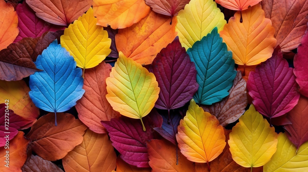 Multicolor autumn leaves on the ground, beautiful falling leaves in rainbow color. Created with Generative AI Multicolor autumn leaves on the ground, beautiful falling leaves in rainbow color. Created with Generative AI