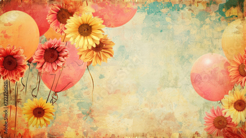  a painting of sunflowers and balloons on a grungy background with a blue sky in the background.