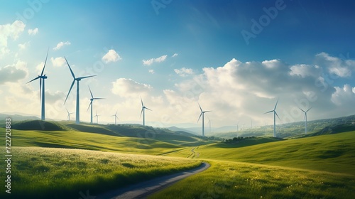 Windmills turbines in a natural field for wind generation photo