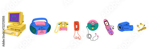 Retro electronics. Computer, flip phone and record player. Tamagochi, headphones and video, camera. Y2k cute stylish attributes. 1990s 2000s style Cartoon isolated vector nostalgia illustration photo