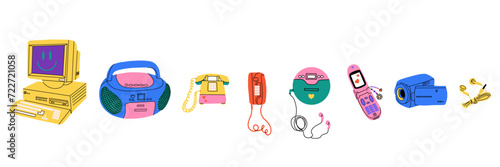 Retro electronics. Computer, flip phone and record player. Tamagochi, headphones and video, camera. Y2k cute stylish attributes. 1990s 2000s style Cartoon isolated vector nostalgia illustration