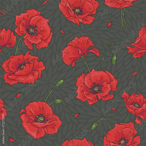 Seamless pattern with hand drawn red poppies on black background. Floral wallpaper, textile design, wrapping paper template. Vector illustration photo