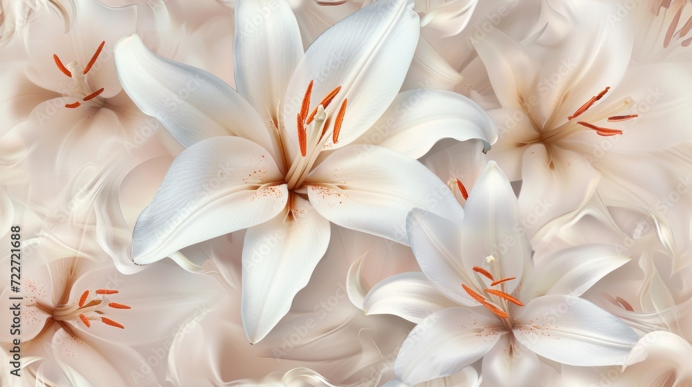  a bunch of white flowers with orange stamens on a pink and white background with red stamens.