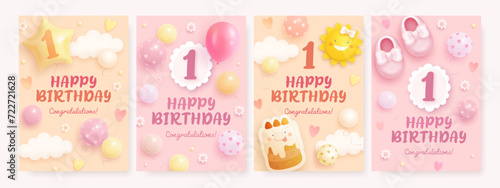 Number 1 birthday celebration greeting card or banner set with realistic cartoon baby shoes and helium balloons on colorful background. Happy birthday invitation template for baby girl