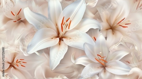  a bunch of white flowers with orange stamens on a pink and white background with red stamens. © Olga