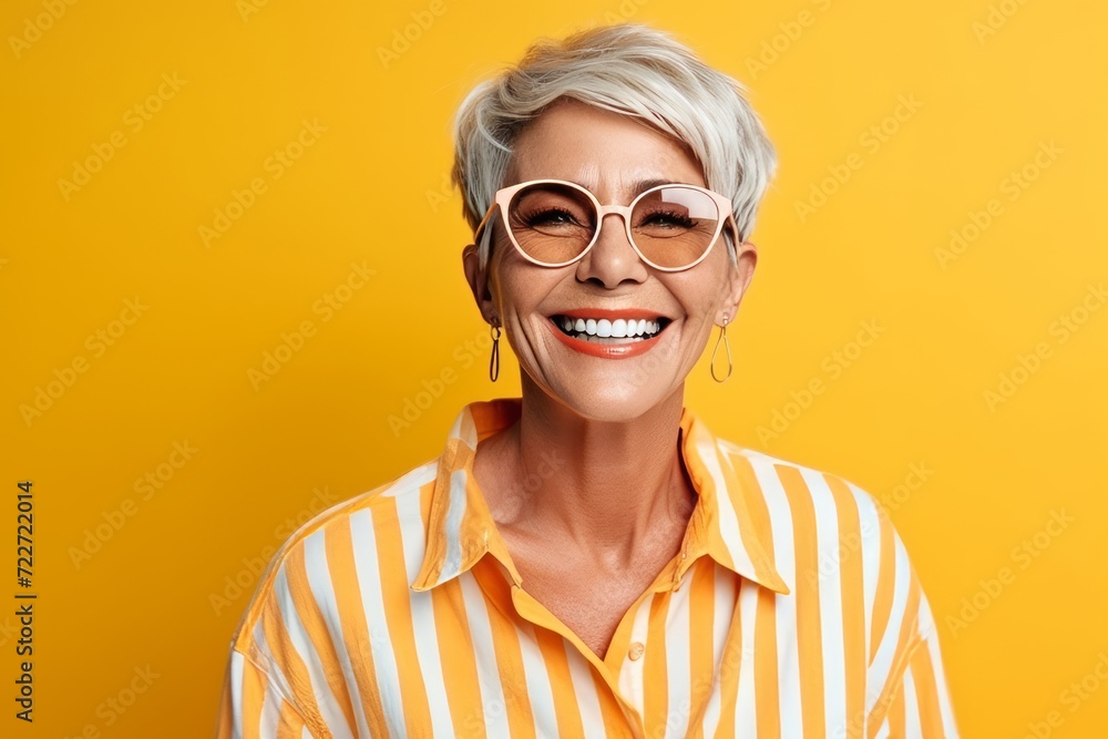 Portrait of smiling senior woman in eyeglasses on yellow background Portrait of smiling senior woman in eyeglasses on yellow background