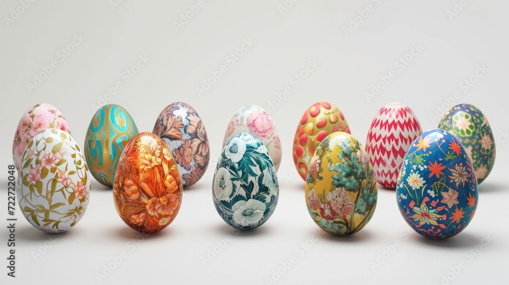 a group of painted eggs sitting next to each other on a white tablecloth covered table with a white wall in the background. a group of painted eggs sitting next to each other on a white tablecloth covered table with a white wall in the background.