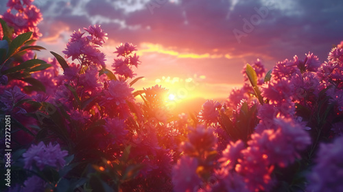  a field of purple flowers with the sun setting in the distance in the distance is a blue sky with clouds.