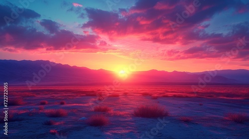  the sun is setting in the middle of the desert with a mountain range in the distance and clouds in the sky.