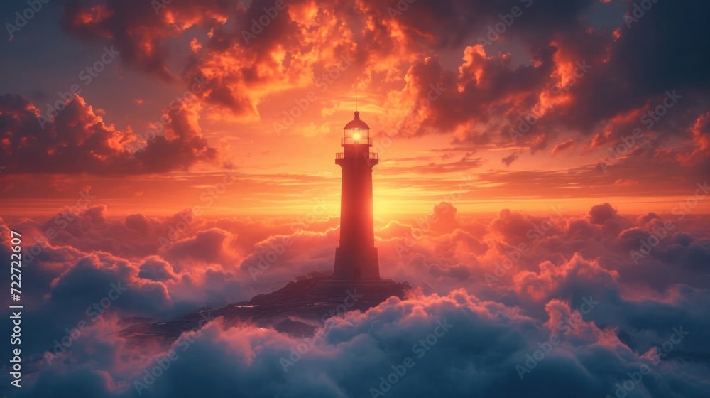  a lighthouse in the middle of a sea of clouds with a bright orange sun in the middle of the sky.