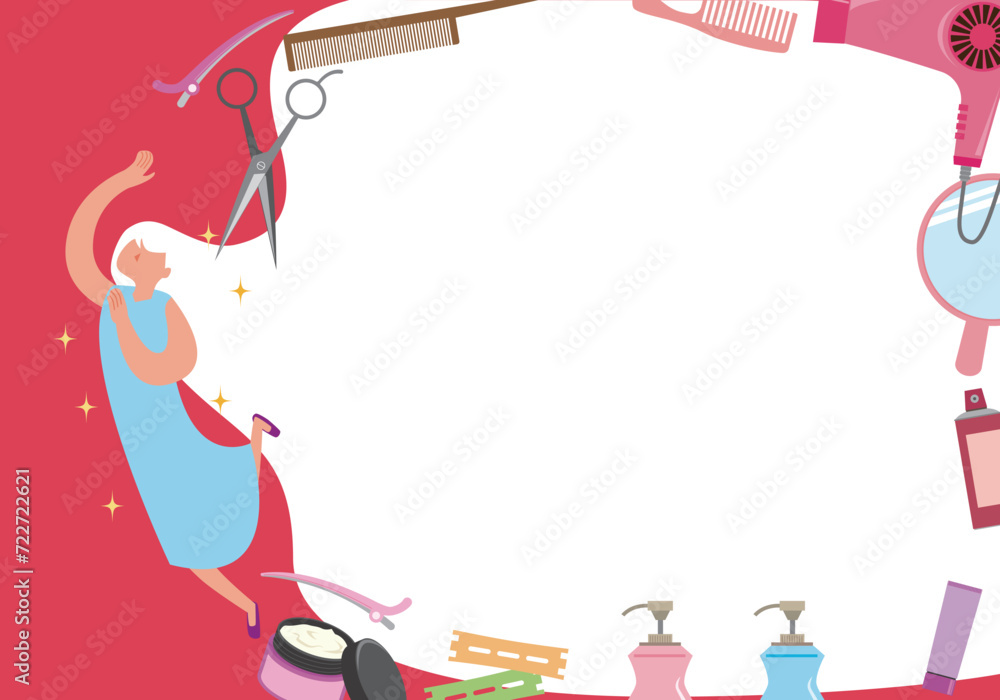 Obraz premium 美容室の道具と女性のコピースペース付きイラスト