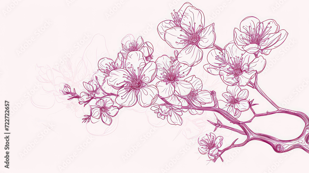  a drawing of a branch with flowers and a pair of scissors in the middle of the branch, on a light pink background.
