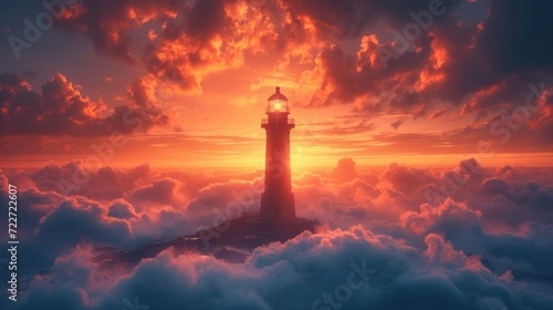  a lighthouse in the middle of a sea of clouds with a bright orange sun in the middle of the sky. photo