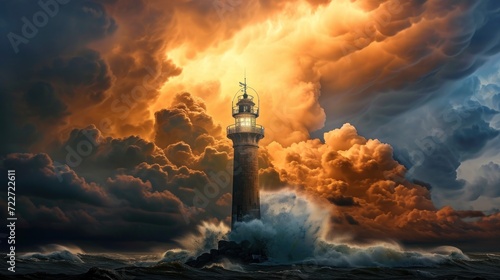 a painting of a lighthouse in the middle of a large body of water with a sky full of clouds in the background.