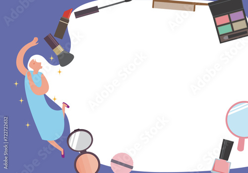 化粧道具と女性のコピースペース付きイラスト