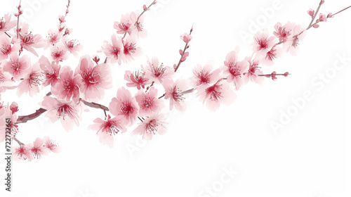  a close up of a branch of a cherry blossom tree with pink flowers on it, on a white background.