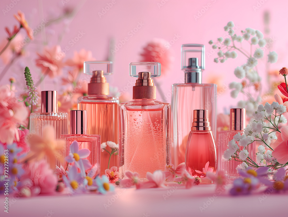 perfume bottles and perfume on pink background perfume bottles and perfume on pink background