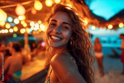 Young woman having fun and dancing at a beach bar. Spring break concept.