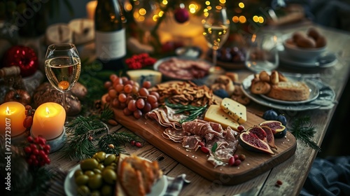  a wooden table topped with cheeses and meats next to a glass of wine and a bottle of wine. © Olga