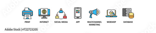 Cross-media banner web icon set vector illustration concept with icon of print, internet, social media, app, multichannel marketing, webshop and database
