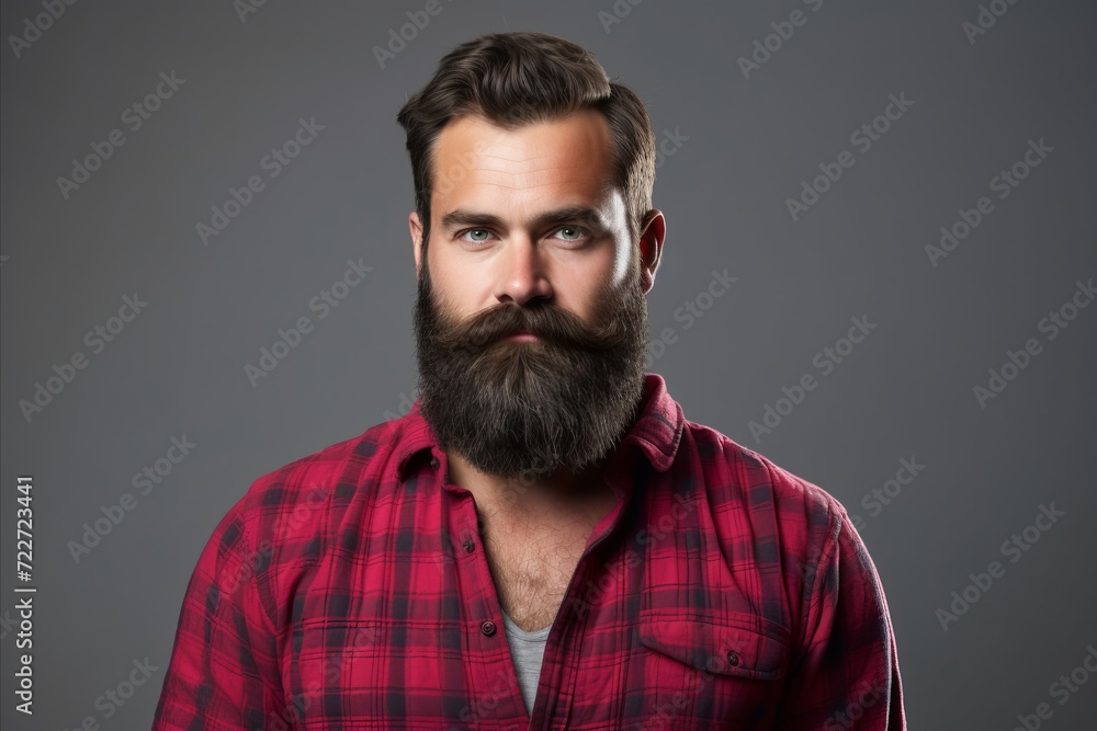 Portrait of handsome bearded man with long beard and mustache in red checkered shirt. Portrait of handsome bearded man with long beard and mustache in red checkered shirt.