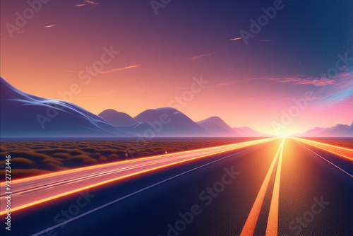 Background with a highway and dawn on the horizon