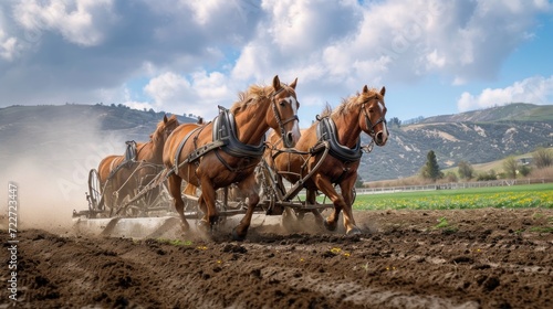  a couple of horses pulling a plow in the middle of a dirt field with a mountain in the background.