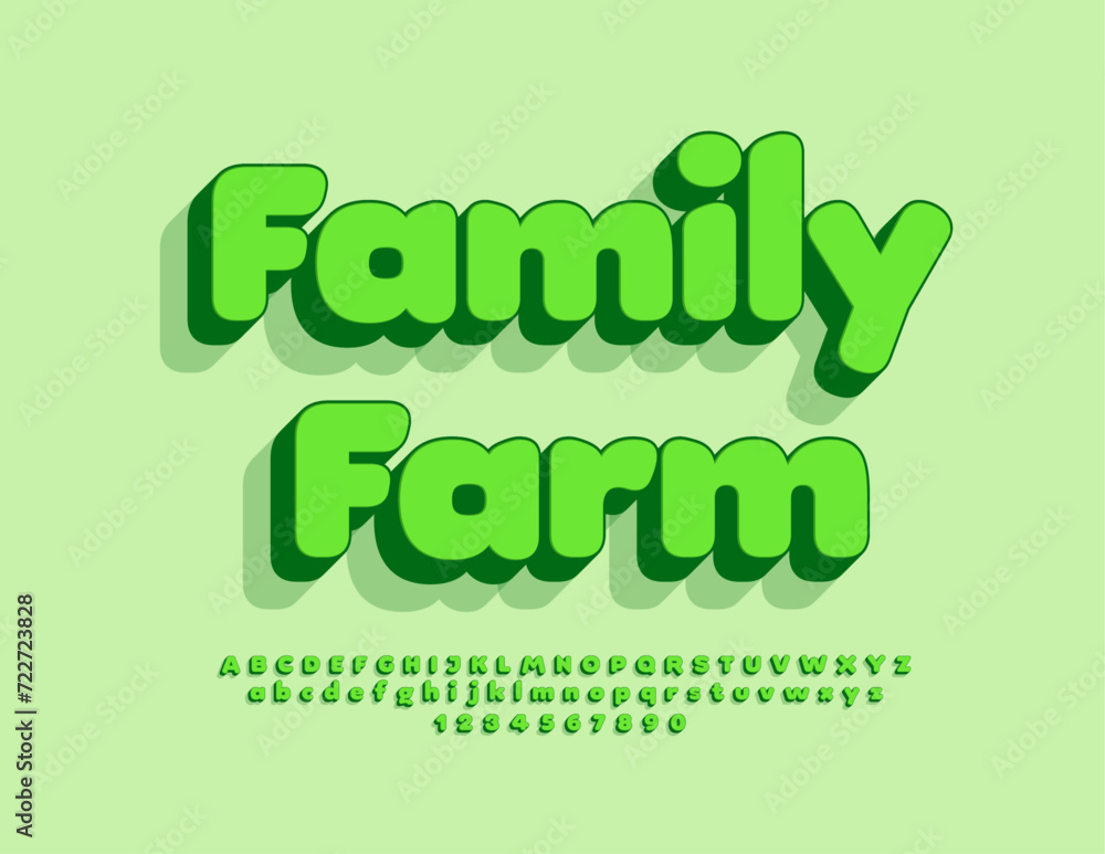 Vector creative emblem Family Farm. 3D Green Font. Trendy set of Alphabet Letters and Numbers Vector creative emblem Family Farm. 3D Green Font. Trendy set of Alphabet Letters and Numbers