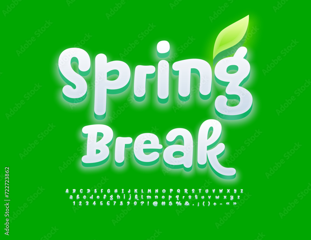 Naklejka premium Vector holiday flyer Spring Break with decorative Leaf. White artistic Font. Glowing handwritten Alphabet Letters and Numbers set.