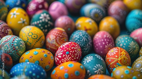  a group of colorfully painted eggs sitting on top of a pile of other colorfully colored eggs on top of each other.