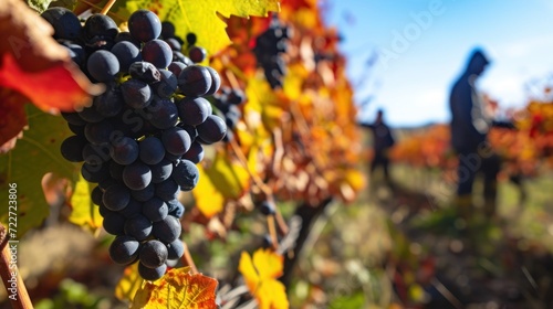  a close up of a bunch of grapes on a vine with a person standing in the background in the background.