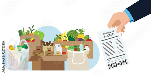Human Hand holding grocery shopping receipt with products. photo