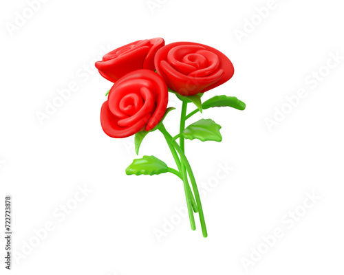 Vector 3d rose bouquet icon. Red bunch of flowers in cartoon stylized illustration, isolated on white background. Happy mothers day or Women day concept. Romance design element