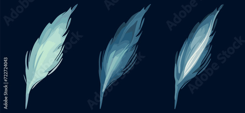 three blue feathers on a dark background. Feathers. The decor is made of fashionable blue feathers, dark background.